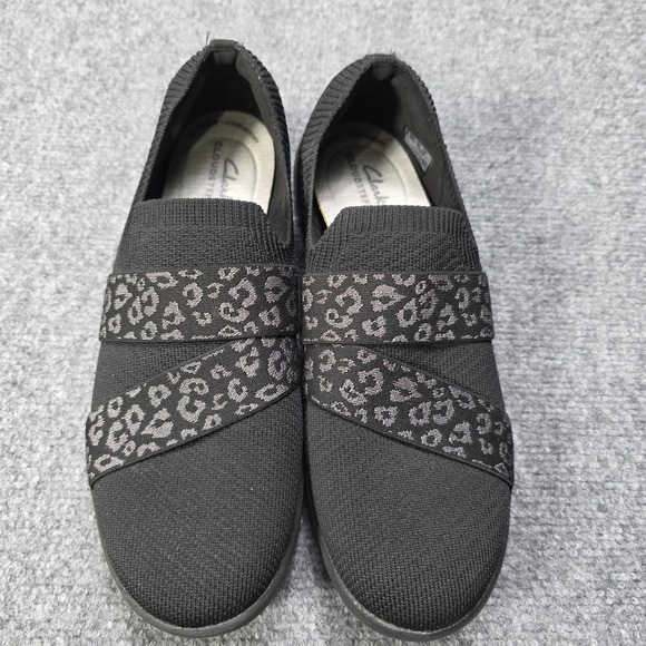 Clarks Women's Adella Stride Cloudsteppers Sneaker in Black Knit Lleopard Print - Picture 2 of 8